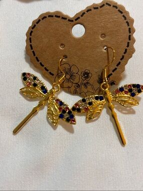 Gold tone  Dragonfly Dangle Earrings with Multicolor Stones